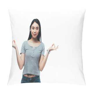 Personality  Smiling Asian Girl Meditating Isolated On White Pillow Covers