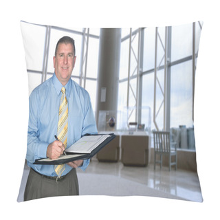 Personality  Businessman Taking Notes In Lobby Pillow Covers