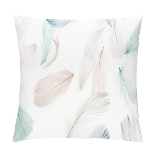 Personality  Seamless Background With Soft Light Beige, Green And Blue Feathers Isolated On White Pillow Covers