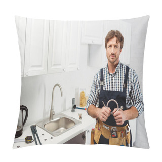 Personality  Handsome Plumber Holding Metal Pipe And Looking At Camera In Kitchen  Pillow Covers