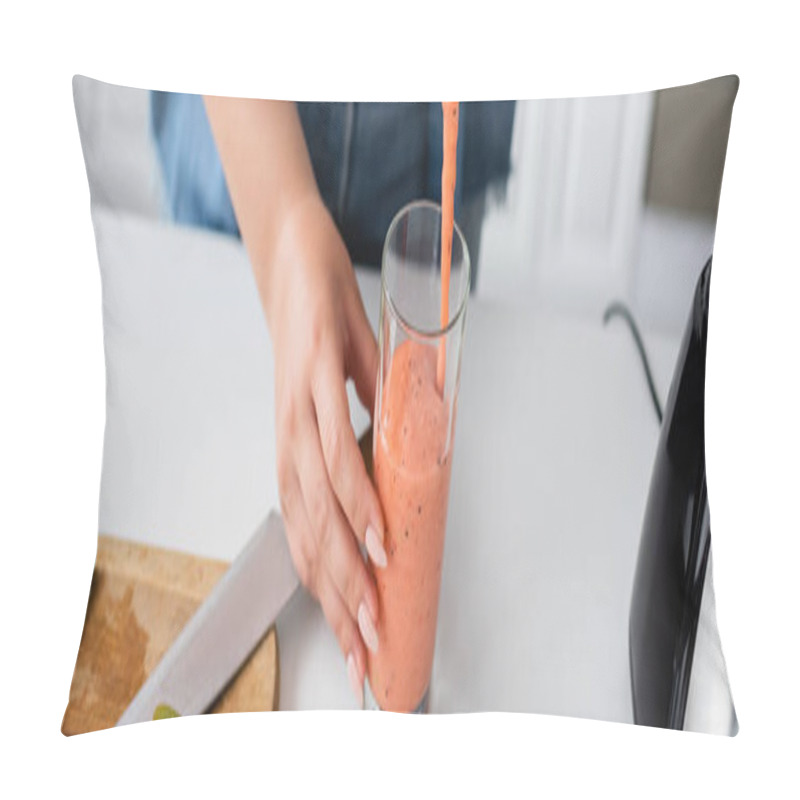 Personality  Cropped view of blurred woman pouring smoothie in glass in kitchen, banner  pillow covers