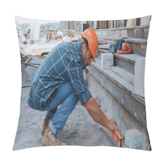 Personality  Builder In Hard Hat Holding Building Level On Construction Site Pillow Covers