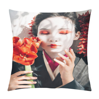 Personality  Portrait Of Beautiful Geisha Holding Red Flowers In Sunlight Pillow Covers