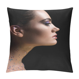 Personality  Profile Portrait Of Attractive Glamorous Woman Posing With Makeup And Glitter On Body, Isolated On Black Pillow Covers