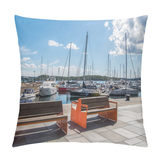 Personality  OSLO, NORWAY - 28 JULY, 2018: Empty Wooden Benches On Embankment And Moored Boats In Harbour At Aker Brygge District, Oslo   Pillow Covers