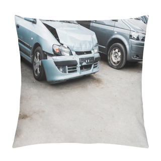 Personality  Crashed Bonnet Car After Car Accident Near Modern Automobiles Pillow Covers