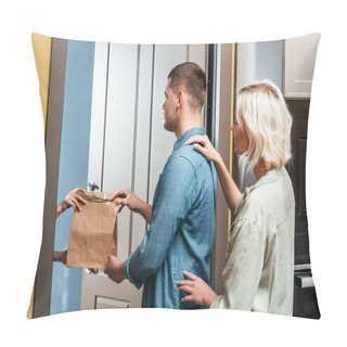 Personality  Delivery Man Giving Package To Young Couple Near Open Door At Home Pillow Covers