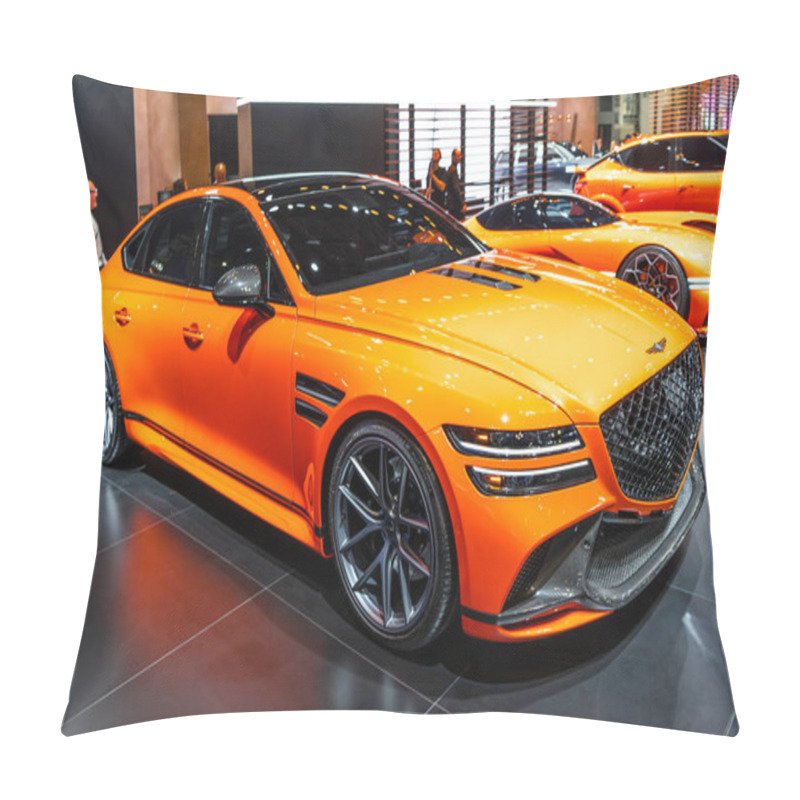 Personality  New York City, USA - March 27, 2024: Genesis G80 Magma Special Luxury Sportscar Bright Orange Car At New York International Auto Show, Corner View. Pillow Covers