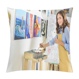 Personality  Side View Of Beautiful Female Artist Taking Paint From Palette In Workshop Pillow Covers