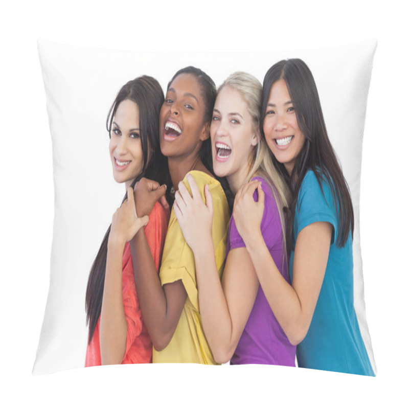 Personality  Diverse young women laughing at camera and embracing pillow covers
