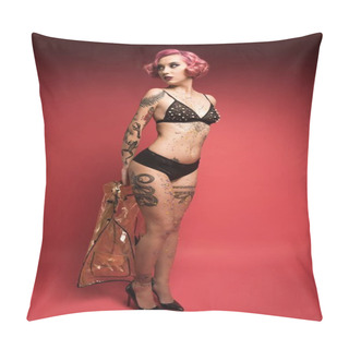 Personality  Attractive Pin Up Girl With Tattoos In Lingerie Holding Raincoat Infront Of Red Background Pillow Covers