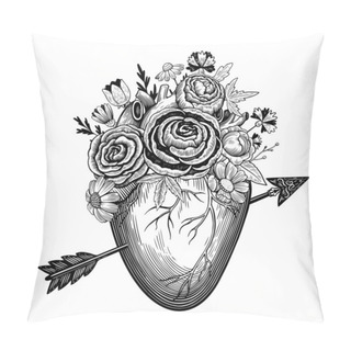 Personality  Vintage Illustration Of Heart Pierced By An Arrow In Engraving Style With Retro Flowers. Black And White Vector Drawing. Pillow Covers