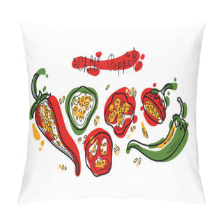 Personality  Vector Spicy Chili Peppers Doodle Illustration, Handwritten Text, Colored Shapes And Line Isolated On White Background. Design Elements For Decor, Menu Icons And Stickers. Pillow Covers