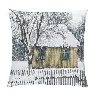 Personality  Old Weathered Wooden House With Fence Among Trees In Winter Pillow Covers