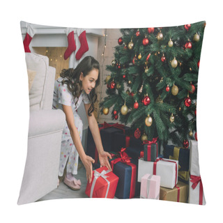 Personality  Smiling Girl In Pajama Taking Gift Under Christmas Tree In Living Room  Pillow Covers