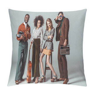 Personality  Multiethnic Retro Styled Friends With Guitar And Vintage Radio On Grey Pillow Covers
