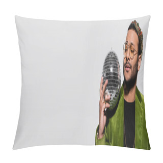 Personality  Eastern Hip Hop Performer In Green Velvet Blazer And Crown Holding Disco Ball Isolated On Grey, Banner Pillow Covers