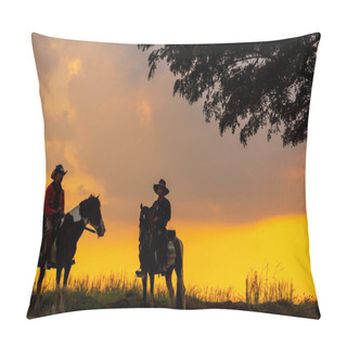 Personality  Three Men Dressed In Cowboy Garb, With Horses And Guns. A Cowboy Riding A Horse In The Sunset Is Silhouetted In Black. Pillow Covers