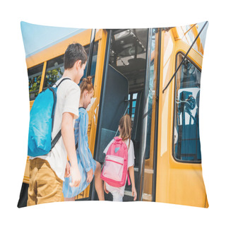 Personality  Rear View Of Pupils With Backpacks Entering School Bus Pillow Covers