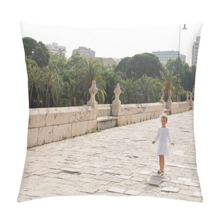 Personality  Smiling Toddler Girl In White Summer Dress Walking On Puente Del Mar Bridge In Valencia Pillow Covers