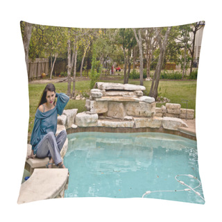 Personality  Beautiful Hispanic Woman By Swimming Pool Pillow Covers