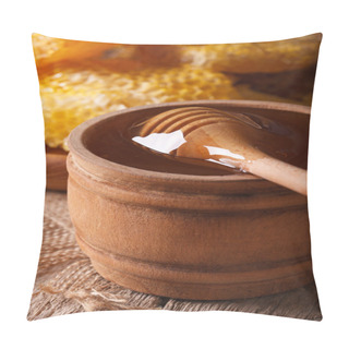 Personality  Flower Honey In A Wooden Bowl With A Stick Close-up. Vertical Pillow Covers