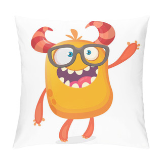 Personality  Nerdy Happy Cartoon Monster Character Wearing Eyeglasses. Halloween Vector Orange And Horned Monster. Design For Emblem Or Sticker Pillow Covers