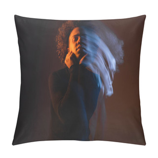 Personality  Double Exposure Of Injured African American Man With Hands Near Bleeding Face Standing With Closed Eyes On Dark Background With Red And Blue Light Pillow Covers