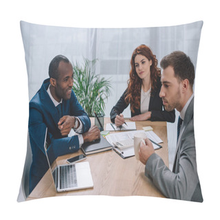 Personality  Team Of Business Partners Sitting At Table With Laptop Pillow Covers