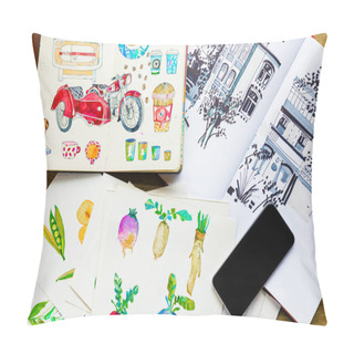 Personality  Top View Of Watercolor Drawings And Smartphone Pillow Covers