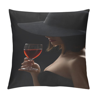Personality  Elegant Mysterious Woman In A Hat Holding A Glass Of Red Wine On Pillow Covers