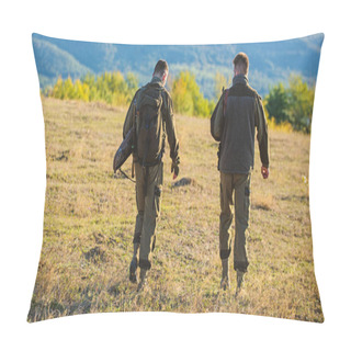 Personality  Hunters Friends Gamekeepers Walk Mountains Background. Hunters Rifles Nature Environment. Hunter Friend Enjoy Leisure. Hunting With Partner Provide Greater Measure Safety Often Fun And Rewarding Pillow Covers