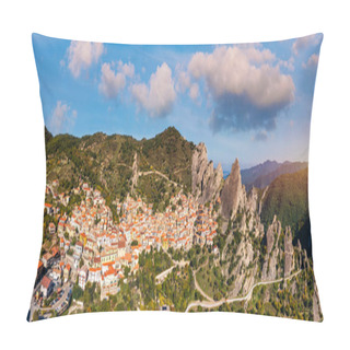 Personality  The Picturesque Village Of Castelmezzano, Province Of Potenza, Basilicata, Italy. Cityscape Aerial View Of Medieval City Of Castelmazzano, Italy. Castelmezzano Village In Apennines Dolomiti Lucane. Pillow Covers