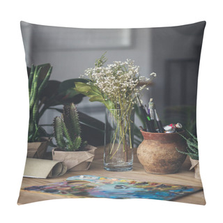 Personality  Green Plants With Art Supplies On Table Pillow Covers