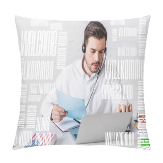 Personality  Translator In Headset Working Near Laptop And Usa Flag, Welcome Word In Different Languages Illustration Pillow Covers