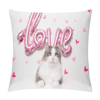 Personality  Portrait Of A Gray Cat On A White Background With A Pink Love Balloon And Hearts. Kitty For Valentine's Day, Wedding And Birthday. Postcard With Pet. Pillow Covers