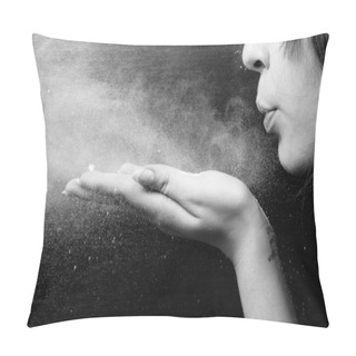 Personality  Woman Blowing White Powder On Black Background Pillow Covers
