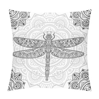 Personality  Dragonfly Decorated With Seamless Indian Ethnic Floral Vintage Pattern. Hand Drawn Decorative Insect In Doodle Style On Mandala. Stylized Mehndi Ornament For Tattoo, Print, Book And Coloring Page. Pillow Covers