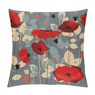 Personality  Poppy Flowers Seamless Pattern Over Grey  Pillow Covers