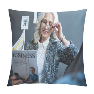 Personality  Wealthy Cheerful Senior Lady Is Holding Magazine Pillow Covers