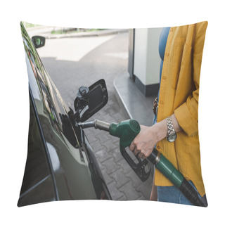 Personality  Cropped View Of Woman Holding Fueling Nozzle Near Gas Tank Of Car On Urban Street  Pillow Covers