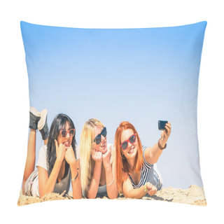 Personality  Group Of Girlfriends Taking A Selfie At The Beach - Concept Of Friendship And Fun In The Summer With New Trends And Technology - Best Friends Enjoying The Moment With Modern Smartphone Pillow Covers