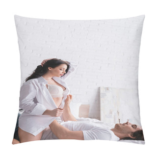 Personality  Young Man Lying On Bed And Taking Off White Shirt From Sexy Woman In Bra Pillow Covers