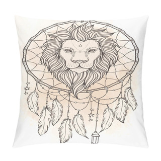 Personality  Ornate Lion Head Over Dream Catcher. African, Indian, Totem, Tattoo, Sticker Design. Design Of T-shirt. Vector Isolated Illustration In Vintage Colors. Zodiac Sign Leo. Pillow Covers