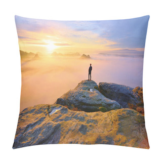 Personality  Sharp Rear Man Silhouette On Rocky Peak. Satisfy Hiker Enjoy View. Tall Man On Rocky Cliff Pillow Covers
