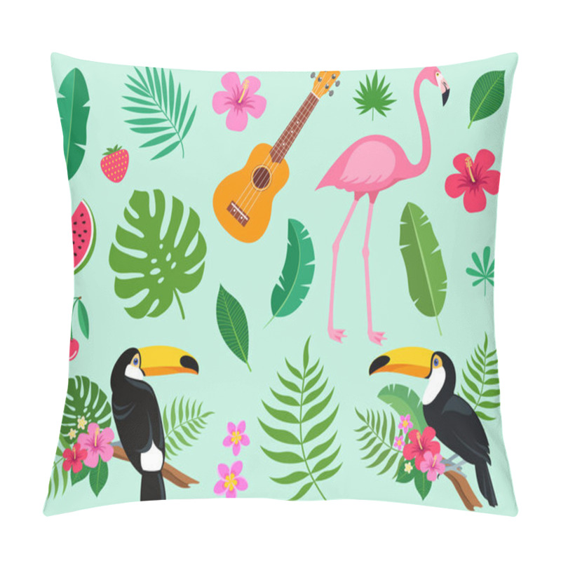 Personality  Collection of tropical hawaiian elements. Toucan, flamingo, ukulele hawaiian guitar, exotic leaves and flowers of plumeria and hibiscus, watermelon, strawberry, cherry. Exotic set. Vector illustration pillow covers