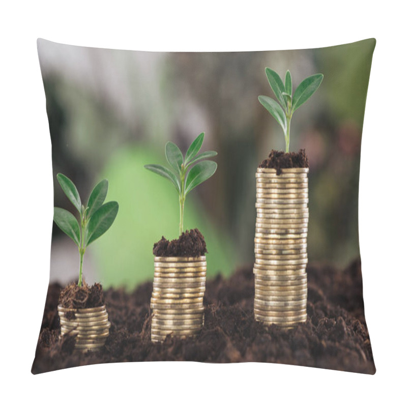 Personality  Selective Focus Of Arranged Golden Coins With Green Leaves And Soil, Financial Growth Concept Pillow Covers