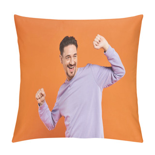 Personality  Portrait Of Excited Man In Purple Sweater Dancing On Orange Background, Delighted And Fun Person Pillow Covers