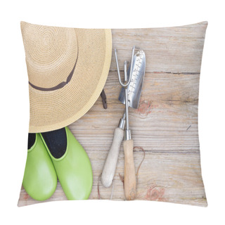 Personality  Hat, Gardening Shoes And Tools On Wood Background Pillow Covers