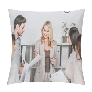 Personality  Professional Business Mentor Looking At Papers And Working With Young Colleagues In Office Pillow Covers